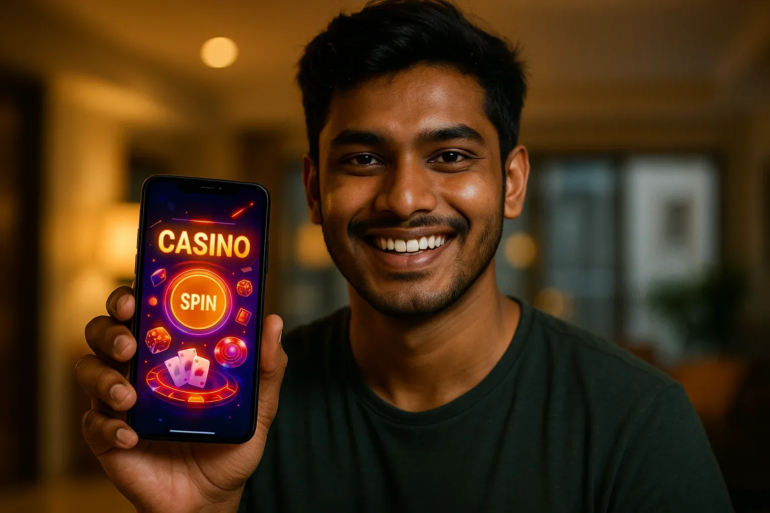 Young Bangladeshi man holding smartphone showing glowing mobile casino app interface