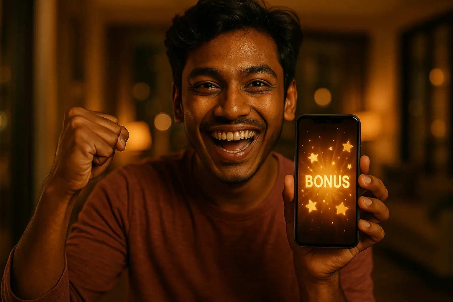 Joyful Bangladeshi man celebrating, holding smartphone with glowing golden bonus UI