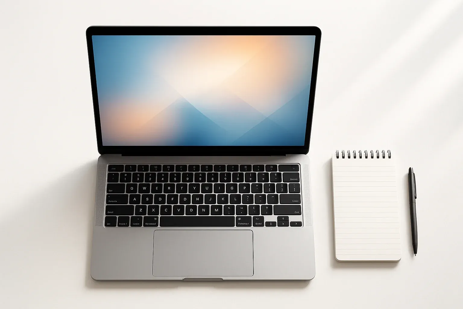 Modern laptop on white desk with abstract glowing screen in daylight