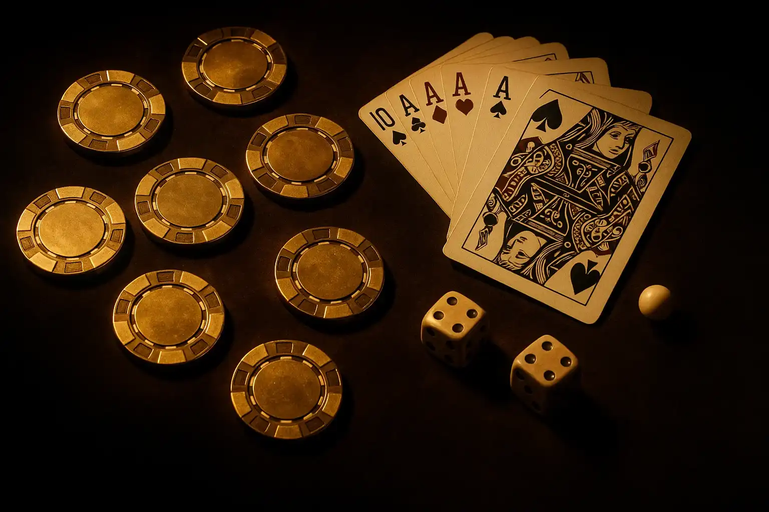 Top-down casino flat lay with gold chips, cards, dice, roulette ball