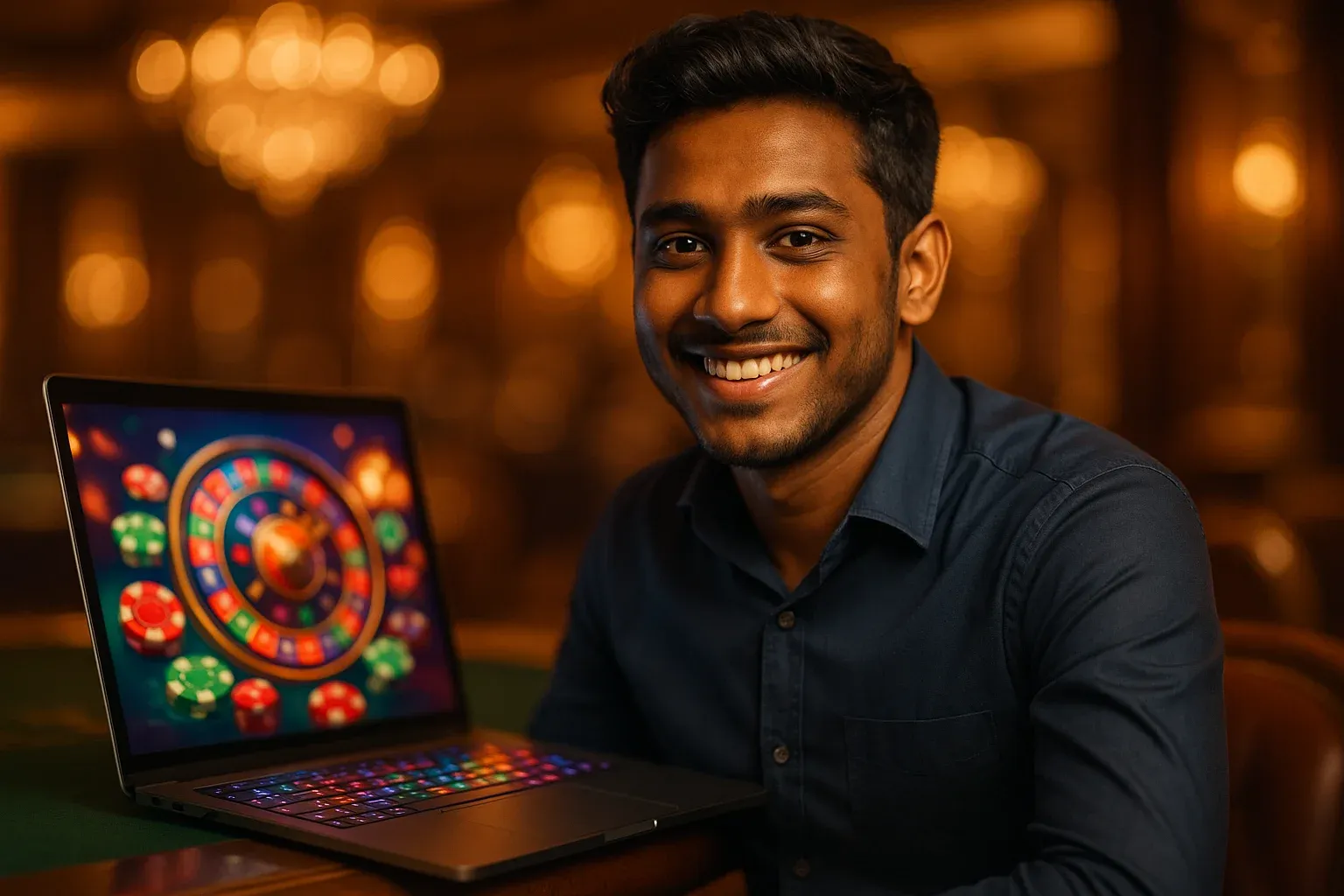 Cheerful young Bangladeshi man smiling at open laptop in casino lounge