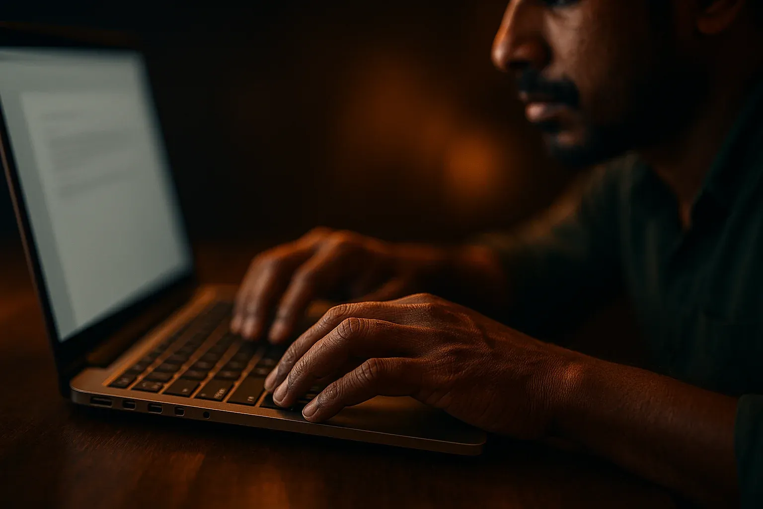 Bangladeshi man hands typing on laptop keyboard in dramatic light