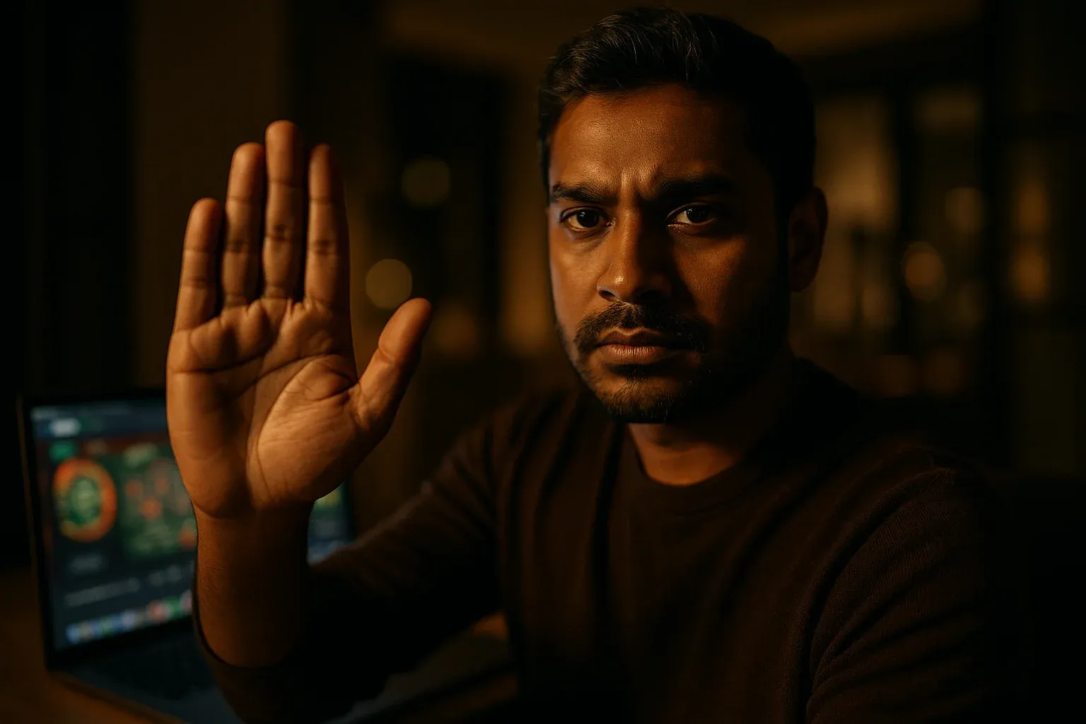 Confident Bangladeshi man shows stop gesture beside glowing laptop casino screen