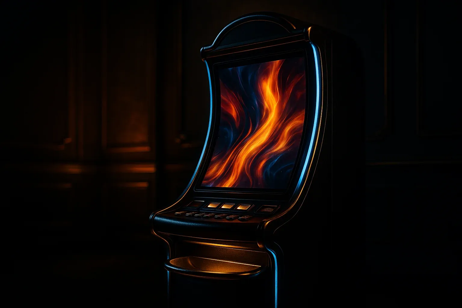 Hyperrealistic premium slot machine in dark luxury setting with neon lighting